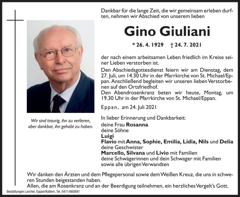  Traueranzeige für Gino Giuliani vom 26.07.2021 aus Dolomiten