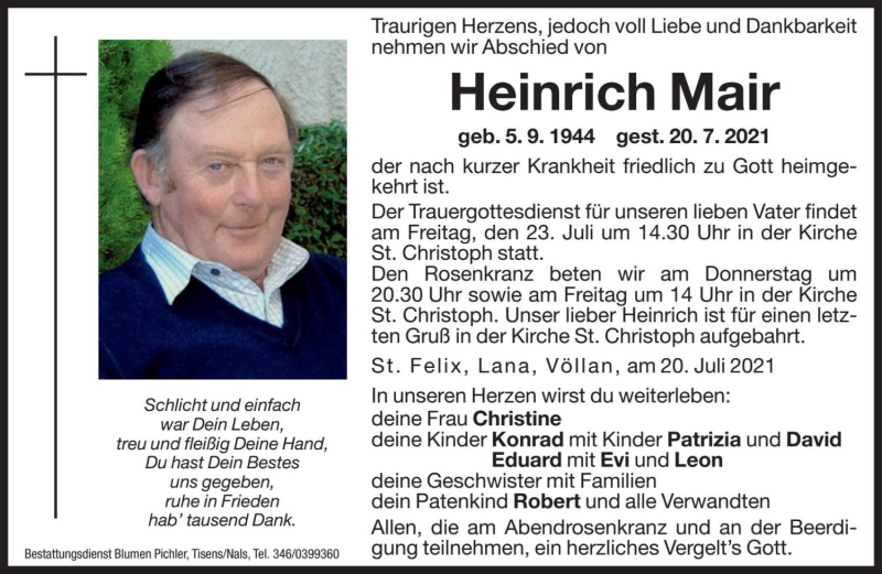  Traueranzeige für Heinrich Mair vom 22.07.2021 aus Dolomiten
