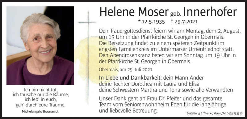  Traueranzeige für Helene Moser vom 31.07.2021 aus Dolomiten