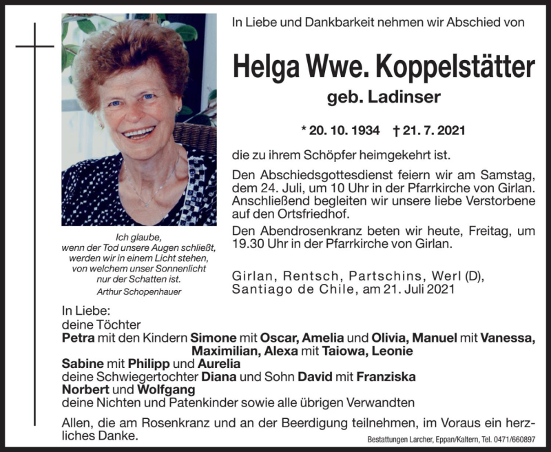  Traueranzeige für Helga Koppelstätter vom 23.07.2021 aus Dolomiten