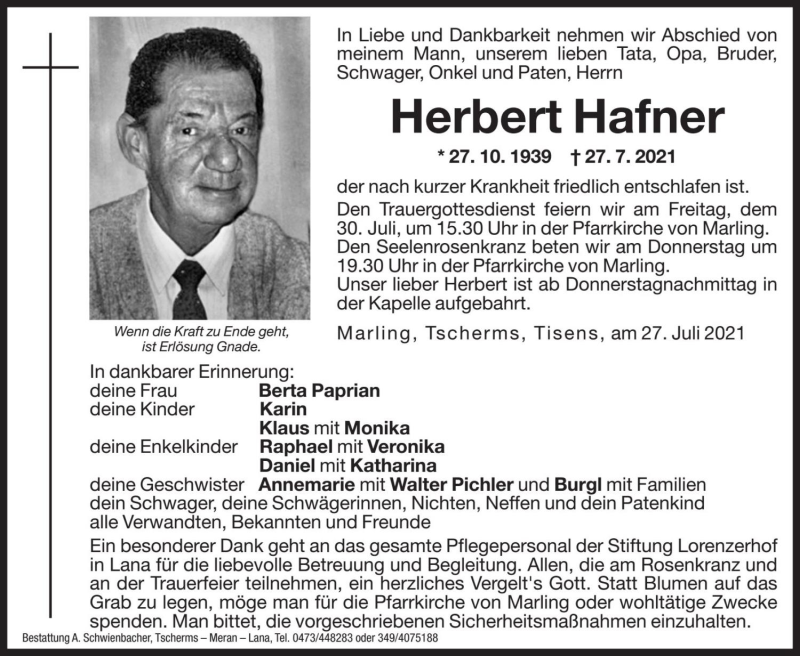  Traueranzeige für Herbert Hafner vom 28.07.2021 aus Dolomiten
