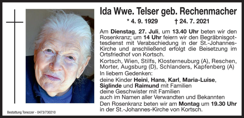  Traueranzeige für Ida Telser vom 26.07.2021 aus Dolomiten