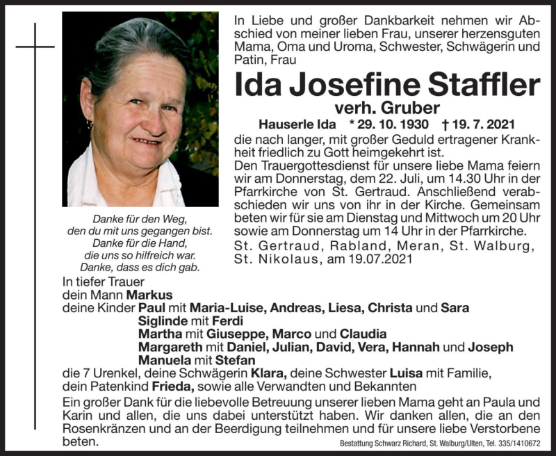 Traueranzeige für Ida Josefine Gruber vom 21.07.2021 aus Dolomiten