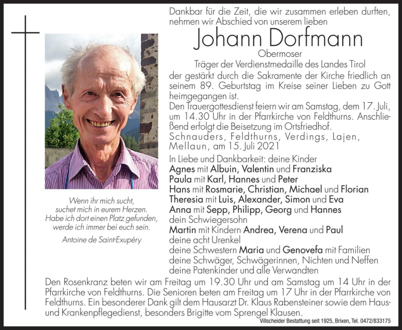  Traueranzeige für Johann Dorfmann vom 16.07.2021 aus Dolomiten