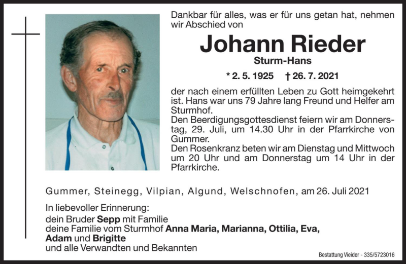  Traueranzeige für Johann Rieder vom 27.07.2021 aus Dolomiten