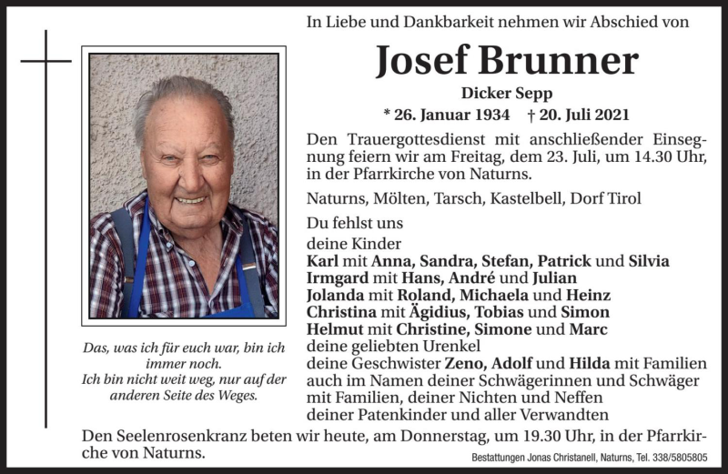  Traueranzeige für Josef Brunner vom 22.07.2021 aus Dolomiten