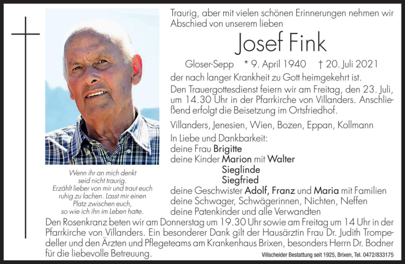  Traueranzeige für Josef Fink vom 21.07.2021 aus Dolomiten