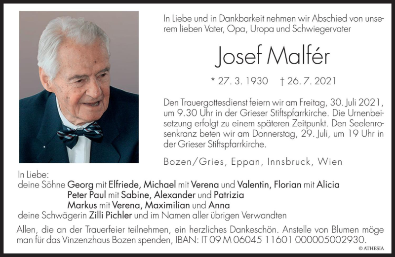  Traueranzeige für Josef Malfér vom 28.07.2021 aus Dolomiten