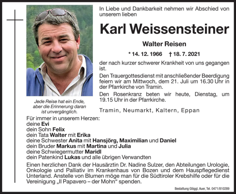  Traueranzeige für Karl Weissensteiner vom 20.07.2021 aus Dolomiten