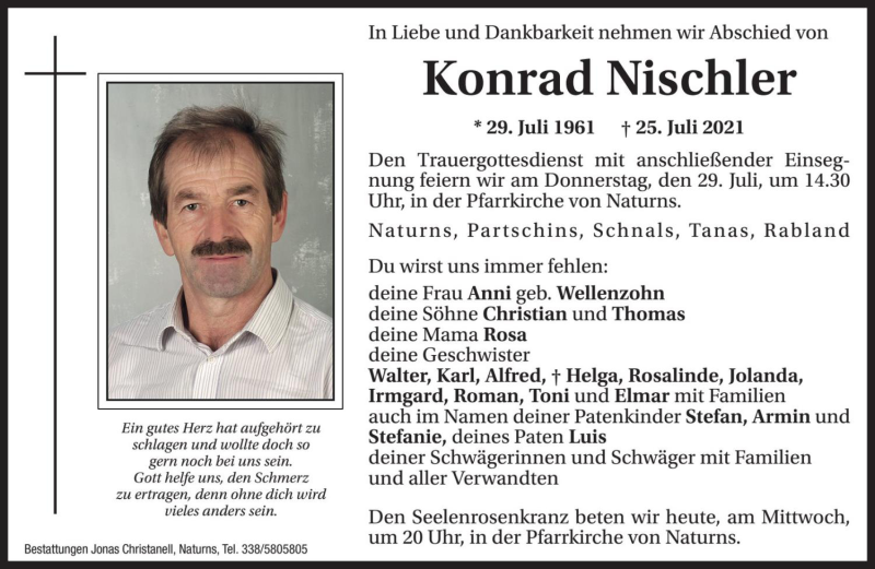  Traueranzeige für Konrad Nischler vom 28.07.2021 aus Dolomiten