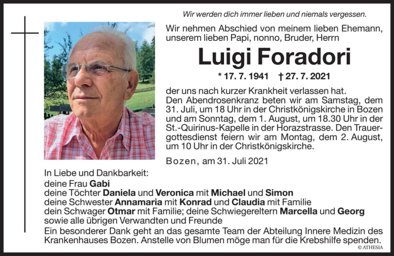  Traueranzeige für Luigi Foradori vom 31.07.2021 aus Dolomiten