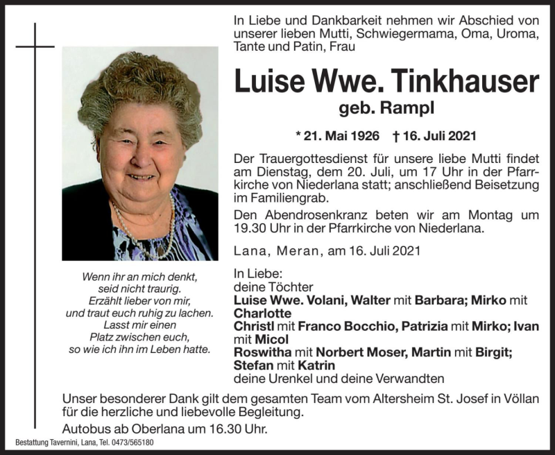  Traueranzeige für Luise Tinkhauser vom 19.07.2021 aus Dolomiten