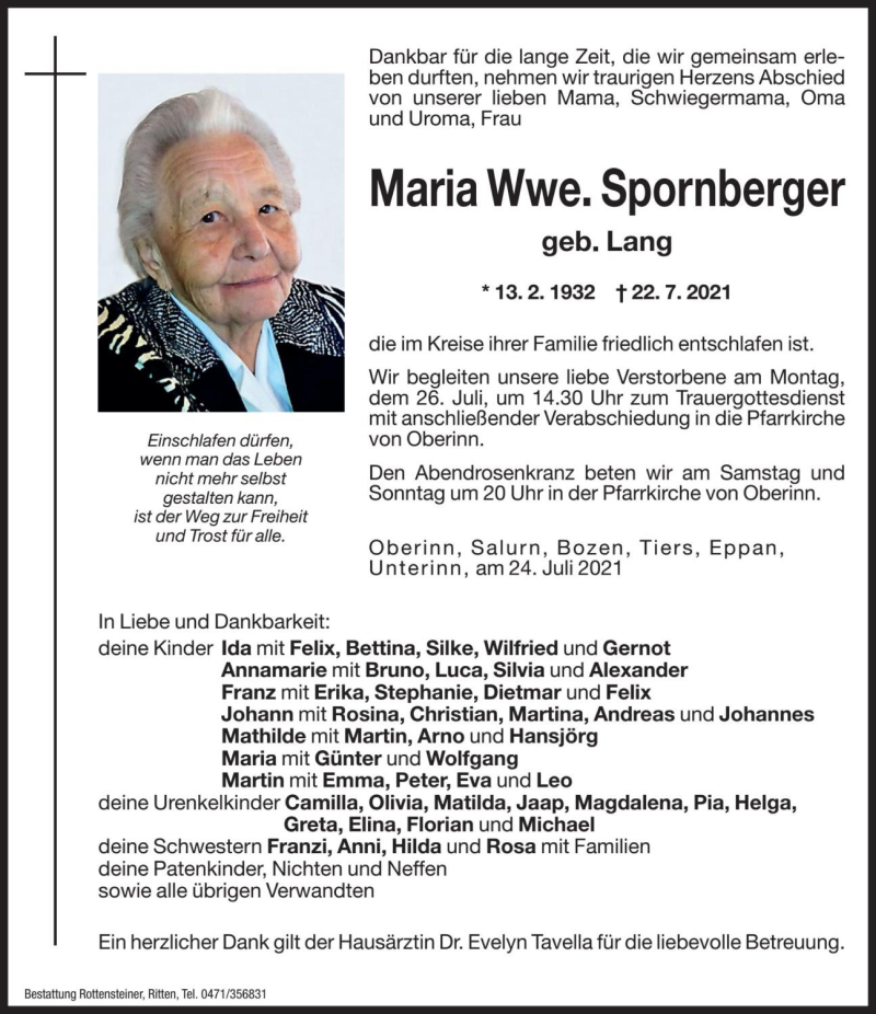  Traueranzeige für Maria Spornberger vom 24.07.2021 aus Dolomiten