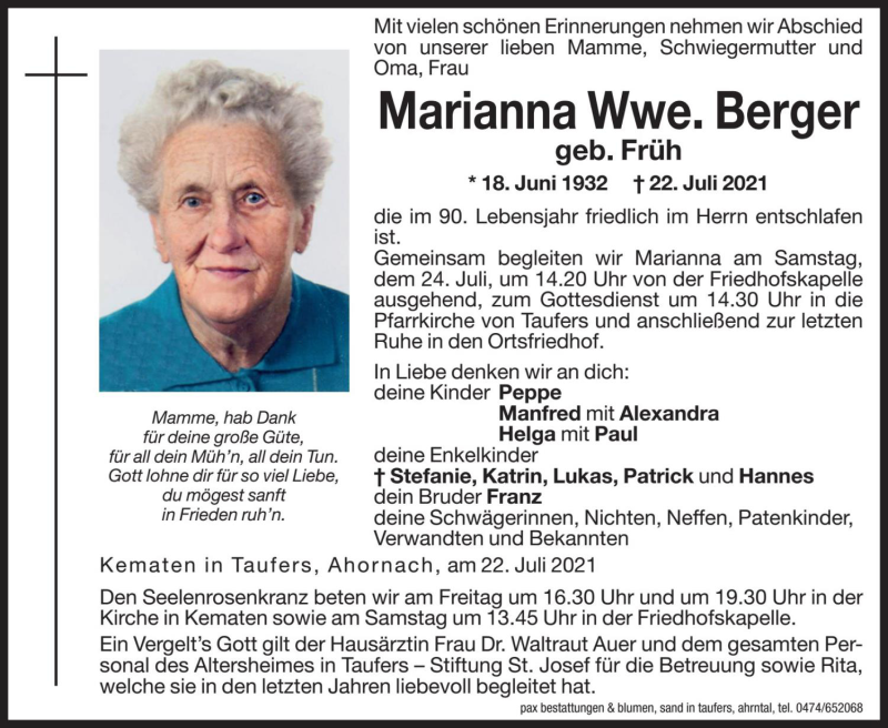  Traueranzeige für Marianna Berger vom 23.07.2021 aus Dolomiten