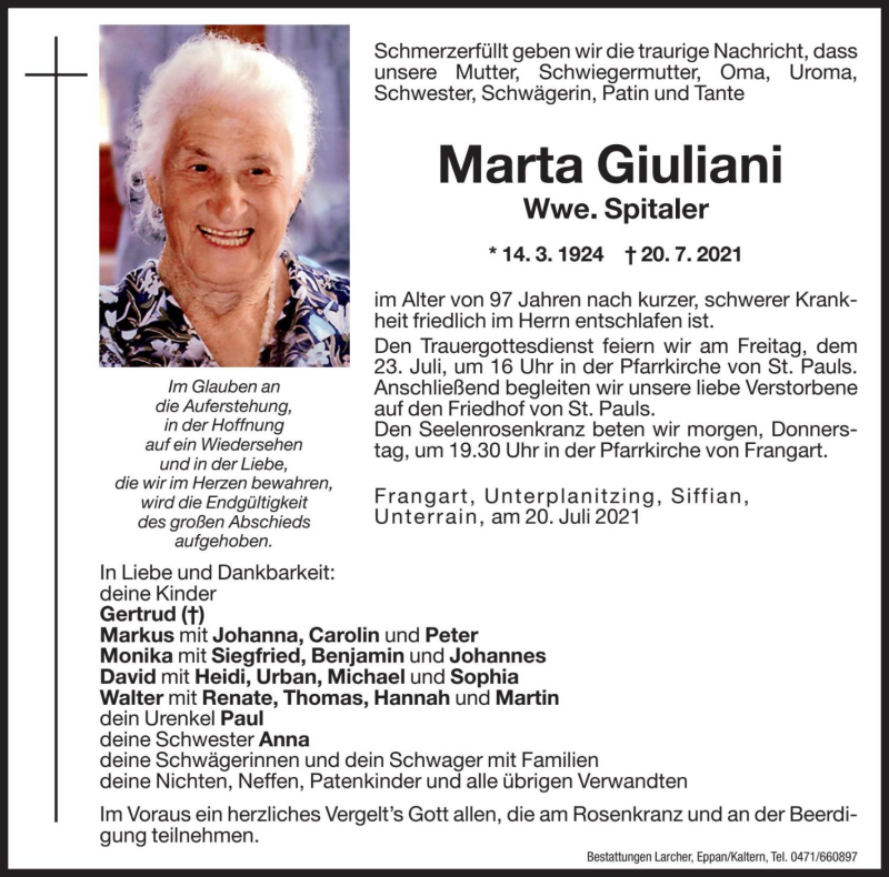  Traueranzeige für Marta Spitaler vom 21.07.2021 aus Dolomiten