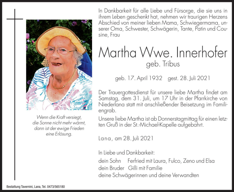  Traueranzeige für Martha Innerhofer vom 29.07.2021 aus Dolomiten