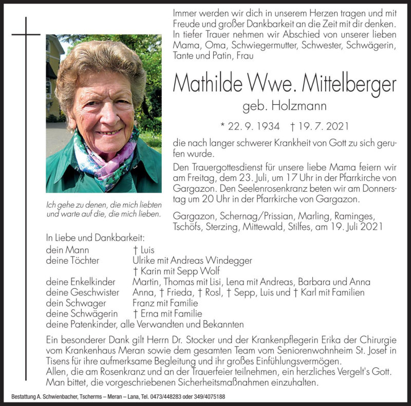  Traueranzeige für Mathilde Mittelberger vom 21.07.2021 aus Dolomiten