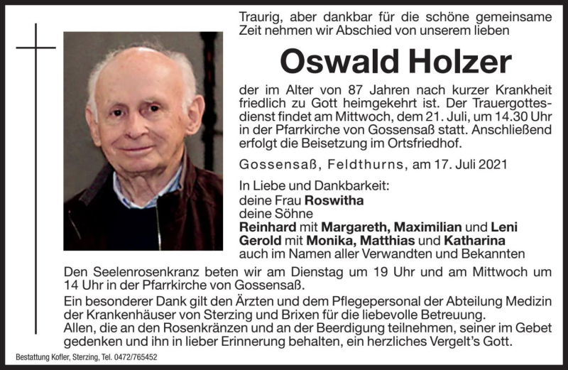  Traueranzeige für Oswald Holzer vom 19.07.2021 aus Dolomiten