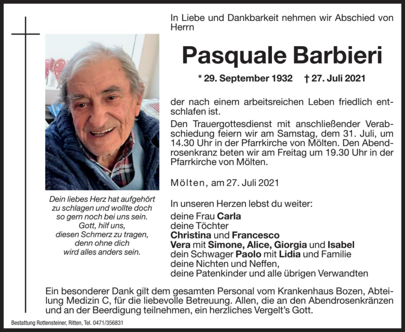  Traueranzeige für Pasquale Barbieri vom 30.07.2021 aus Dolomiten