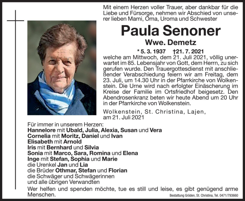  Traueranzeige für Paula Demetz vom 22.07.2021 aus Dolomiten