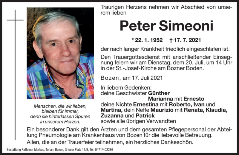 Traueranzeige für Peter Simeoni vom 19.07.2021 aus Dolomiten