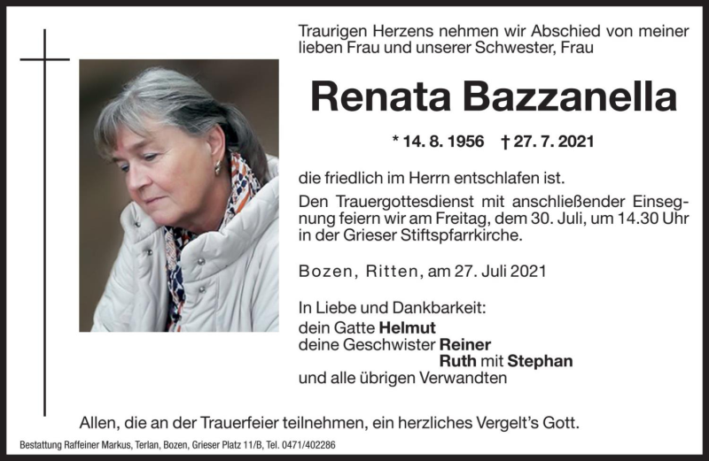  Traueranzeige für Renata Bazzanella vom 28.07.2021 aus Dolomiten