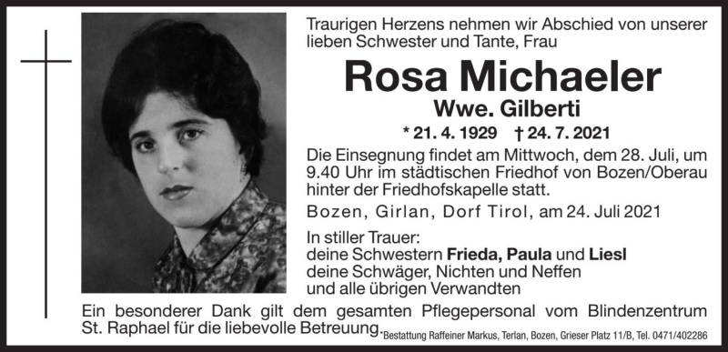  Traueranzeige für Rosa Gilberti vom 27.07.2021 aus Dolomiten