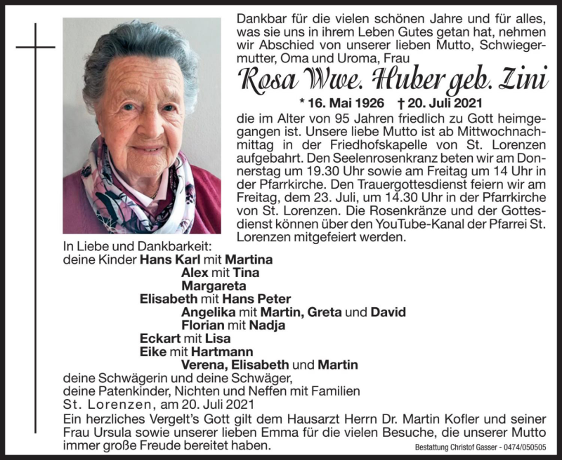  Traueranzeige für Rosa Huber vom 22.07.2021 aus Dolomiten