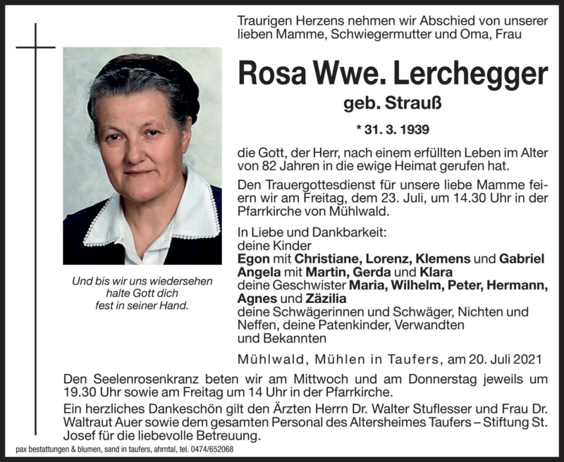  Traueranzeige für Rosa Lerchegger vom 21.07.2021 aus Dolomiten
