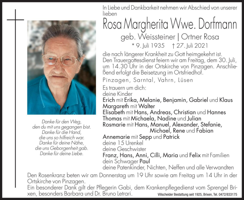  Traueranzeige für Rosa Margherita Dorfmann vom 28.07.2021 aus Dolomiten