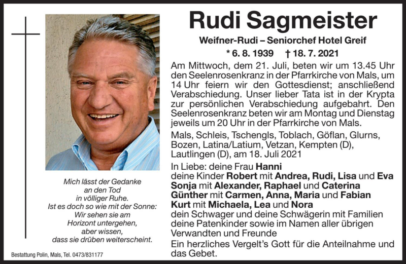  Traueranzeige für Rudi Sagmeister vom 19.07.2021 aus Dolomiten