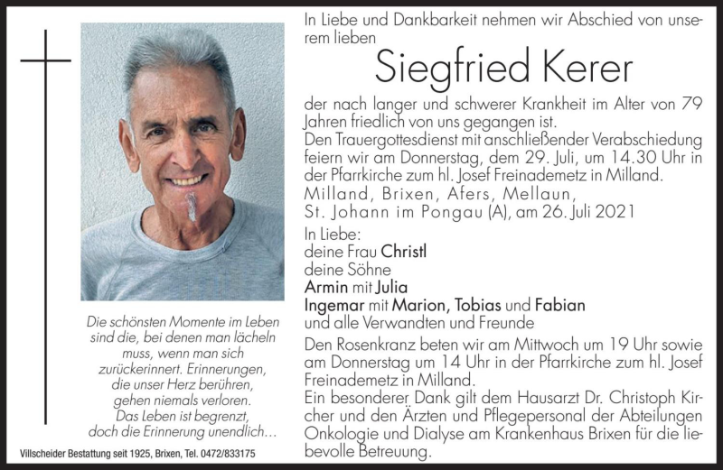  Traueranzeige für Siegfried Kerer vom 28.07.2021 aus Dolomiten
