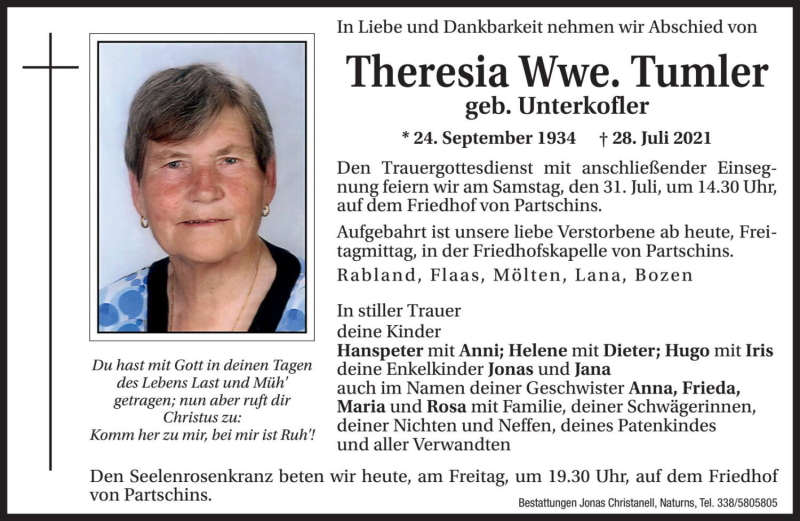  Traueranzeige für Theresia Tumler vom 30.07.2021 aus Dolomiten