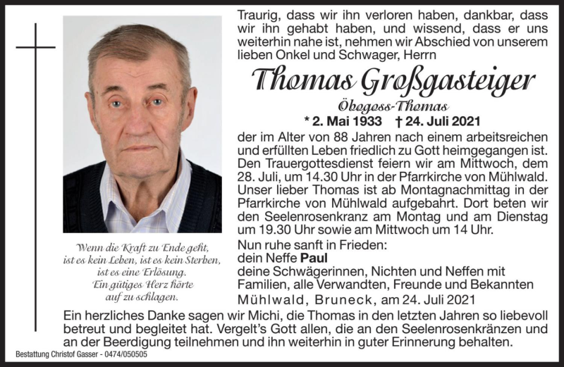  Traueranzeige für Thomas Großgasteiger vom 26.07.2021 aus Dolomiten