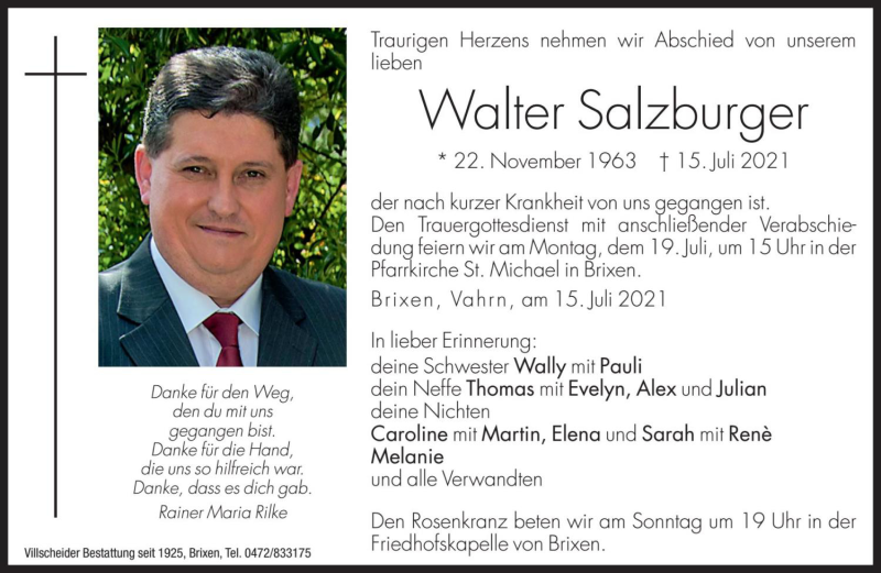  Traueranzeige für Walter Salzburger vom 16.07.2021 aus Dolomiten