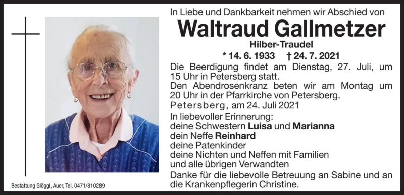  Traueranzeige für Waltraud Gallmetzer vom 26.07.2021 aus Dolomiten