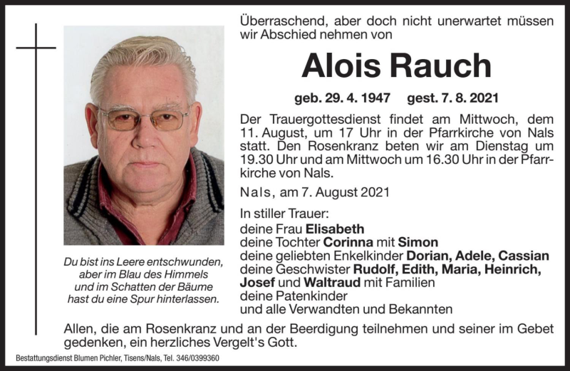  Traueranzeige für Alois Rauch vom 09.08.2021 aus Dolomiten