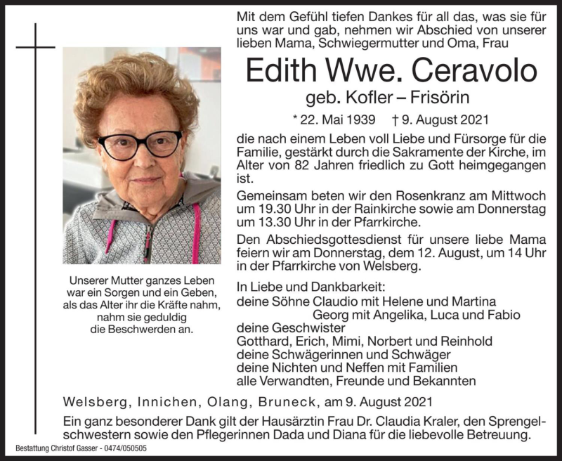  Traueranzeige für Edith Ceravolo vom 11.08.2021 aus Dolomiten