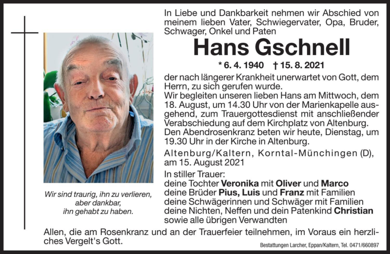  Traueranzeige für Hans Gschnell vom 17.08.2021 aus Dolomiten