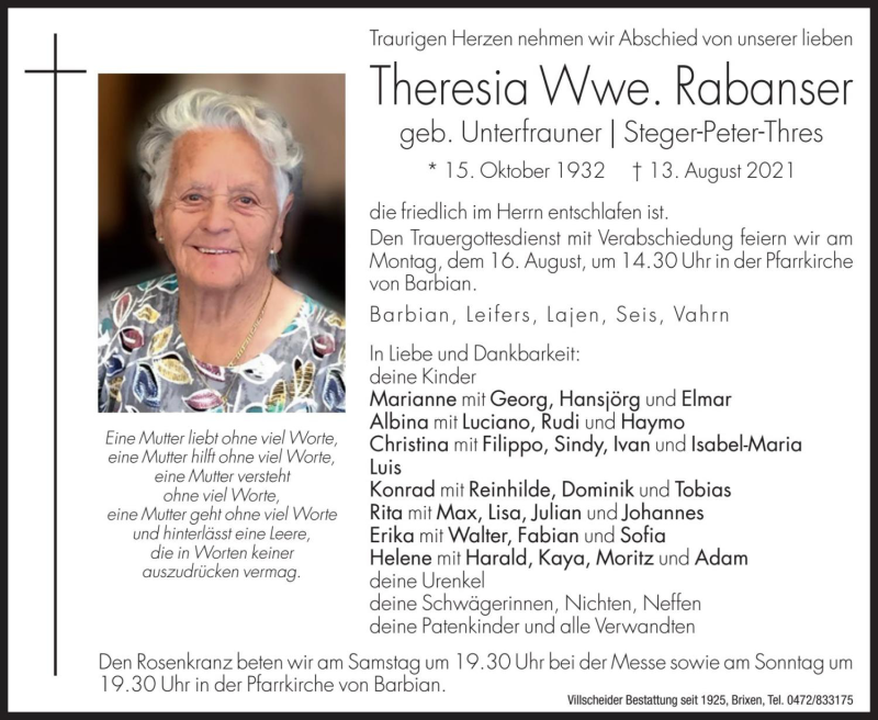  Traueranzeige für Theresia Rabanser vom 14.08.2021 aus Dolomiten