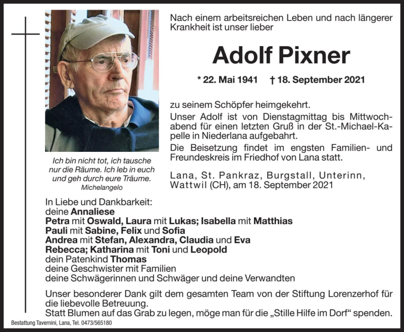  Traueranzeige für Adolf Pixner vom 21.09.2021 aus Dolomiten