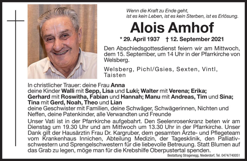  Traueranzeige für Alois Amhof vom 14.09.2021 aus Dolomiten