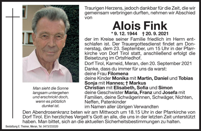  Traueranzeige für Alois Fink vom 22.09.2021 aus Dolomiten