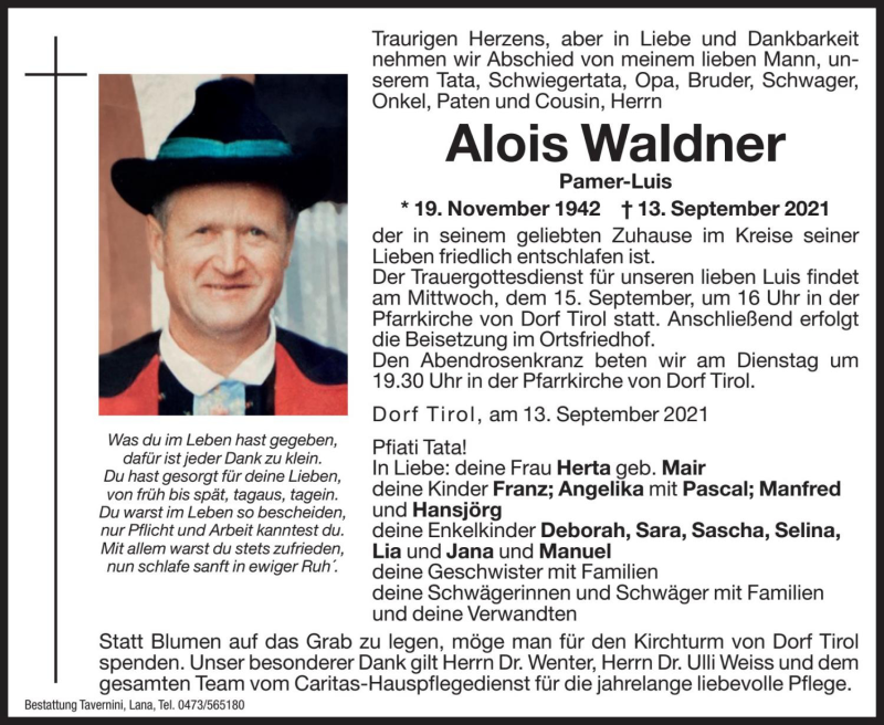  Traueranzeige für Alois Waldner vom 14.09.2021 aus Dolomiten