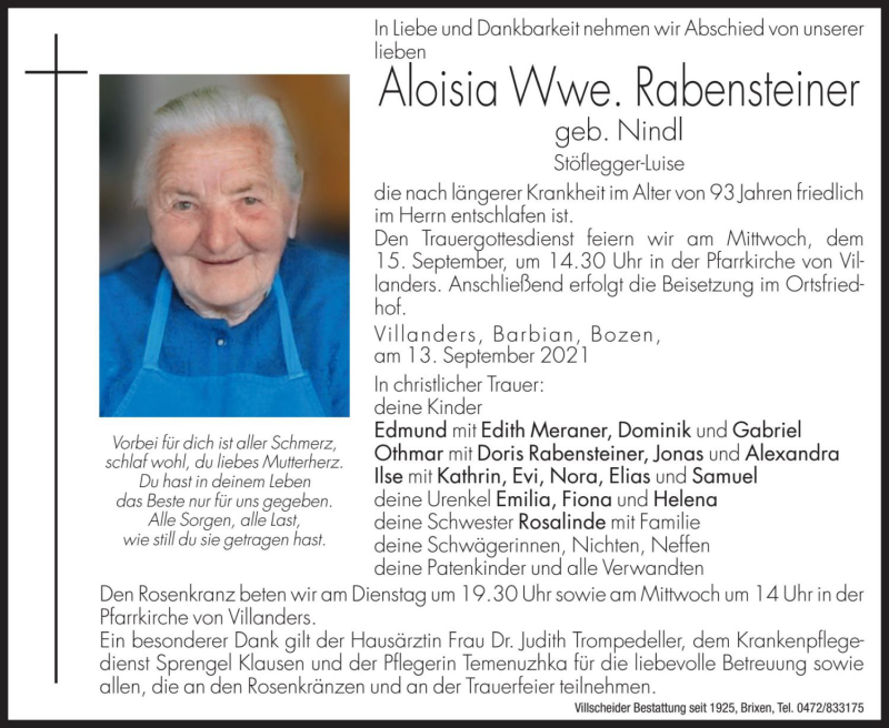  Traueranzeige für Aloisia Rabensteiner vom 14.09.2021 aus Dolomiten