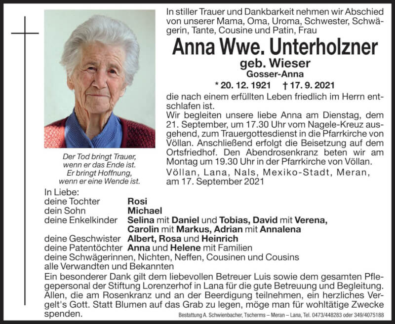  Traueranzeige für Anna Unterholzner vom 20.09.2021 aus Dolomiten