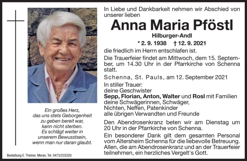  Traueranzeige für Anna Maria Pföstl vom 14.09.2021 aus Dolomiten