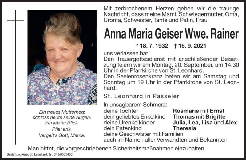  Traueranzeige für Anna Maria Rainer vom 18.09.2021 aus Dolomiten