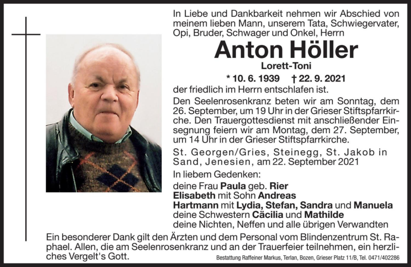  Traueranzeige für Anton Höller vom 24.09.2021 aus Dolomiten
