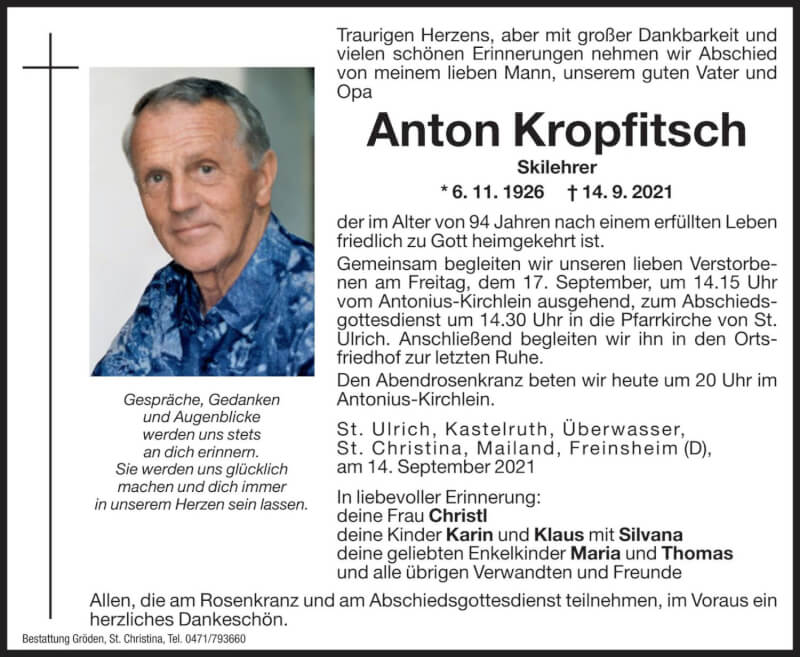  Traueranzeige für Anton Kropfitsch vom 16.09.2021 aus Dolomiten